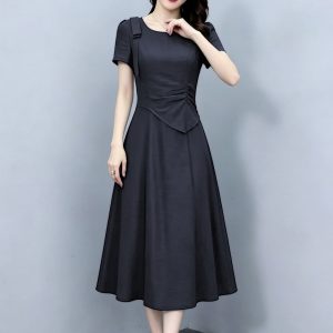 Elegant Summer Slimming Vintage French Waist Midi Solid Color Dress