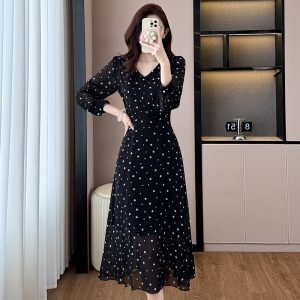 Black Polka Dot Chiffon Midi Dress Plus Size Long Sleeve V Neck A Line