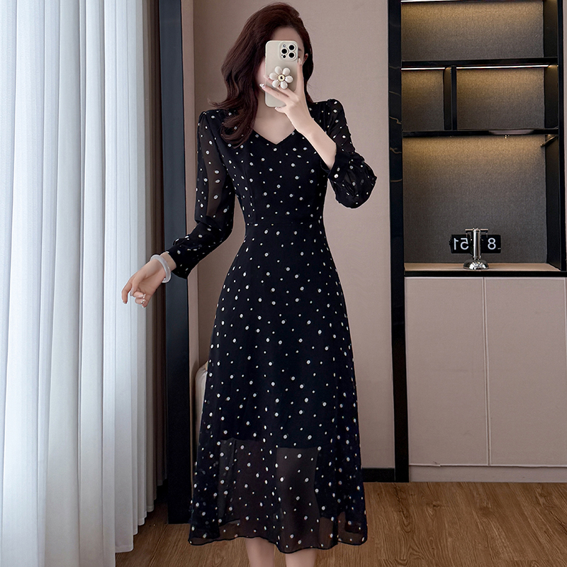 Black Polka Dot Chiffon Midi Dress Plus Size Long Sleeve V Neck A Line - Image 2