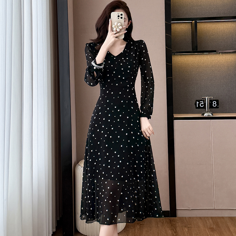 Black Polka Dot Chiffon Midi Dress Plus Size Long Sleeve V Neck A Line - Image 3