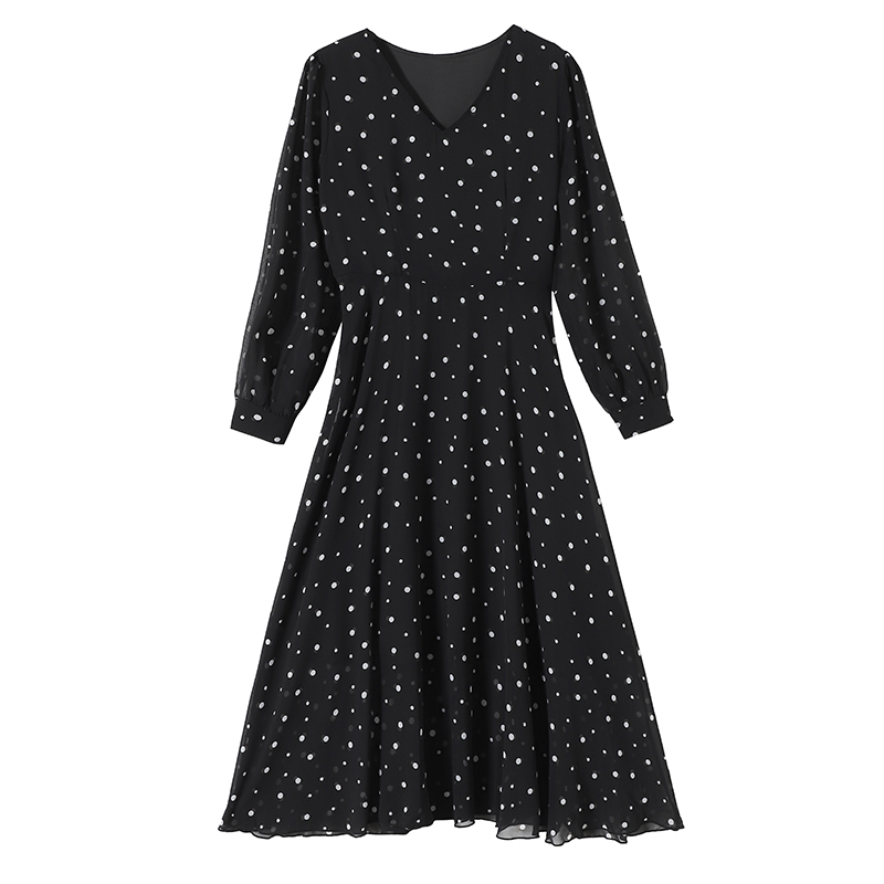 Black Polka Dot Chiffon Midi Dress Plus Size Long Sleeve V Neck A Line - Image 5