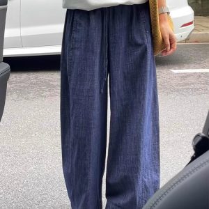 Blue Ice Silk Wide Leg Casual Pants Women Summer Thin Plus Size Pear Shape High Waist Loose Ankle Length