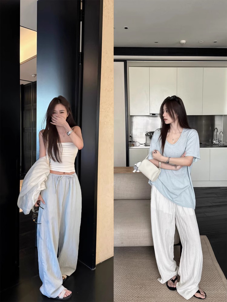 Cooling Tencel Linen Wide Leg Pants with Elastic Waist - Image 3