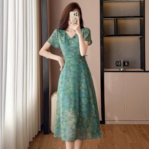 Floral Chiffon Midi Dress Slimming Black Plus Size Women Short Sleeve Summer