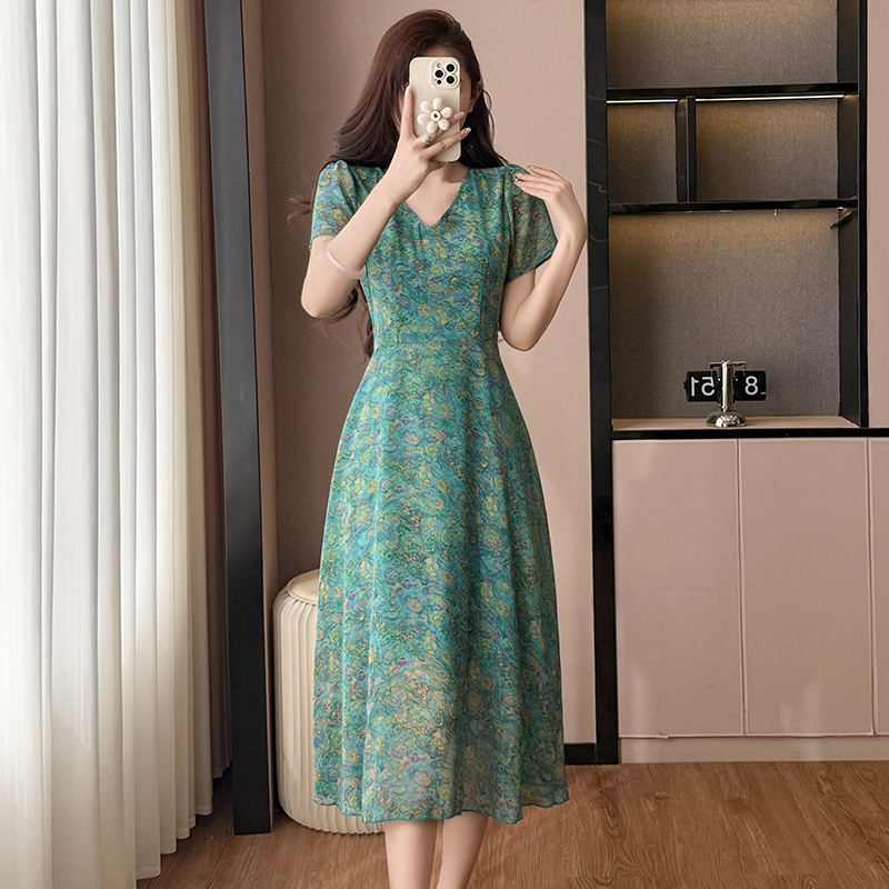 Floral Chiffon Midi Dress Slimming Black Plus Size Women Short Sleeve Summer - Image 2