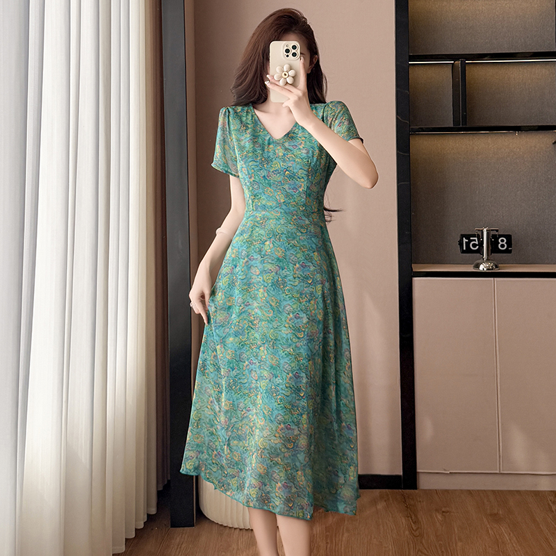 Floral Chiffon Midi Dress Slimming Black Plus Size Women Short Sleeve Summer - Image 3