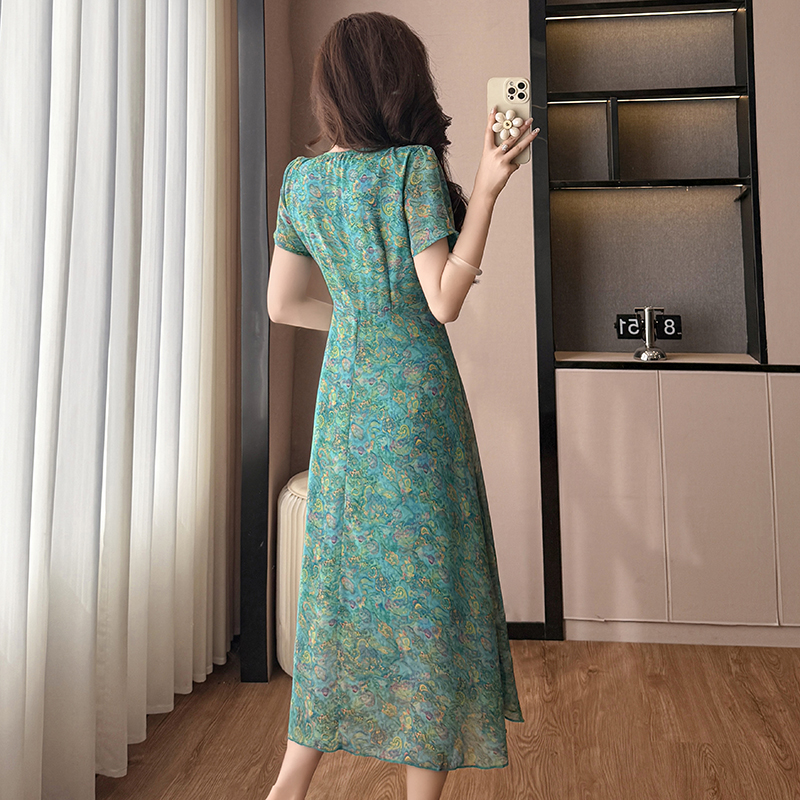Floral Chiffon Midi Dress Slimming Black Plus Size Women Short Sleeve Summer - Image 4