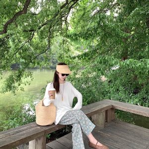 Floral Print Linen Casual Capri Pants for Women Summer Breathable Korean Commute Style