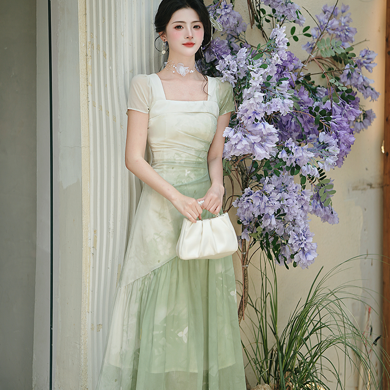 French Gradient Green Chiffon Dress