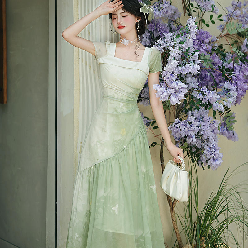 French Gradient Green Chiffon Dress - Image 2