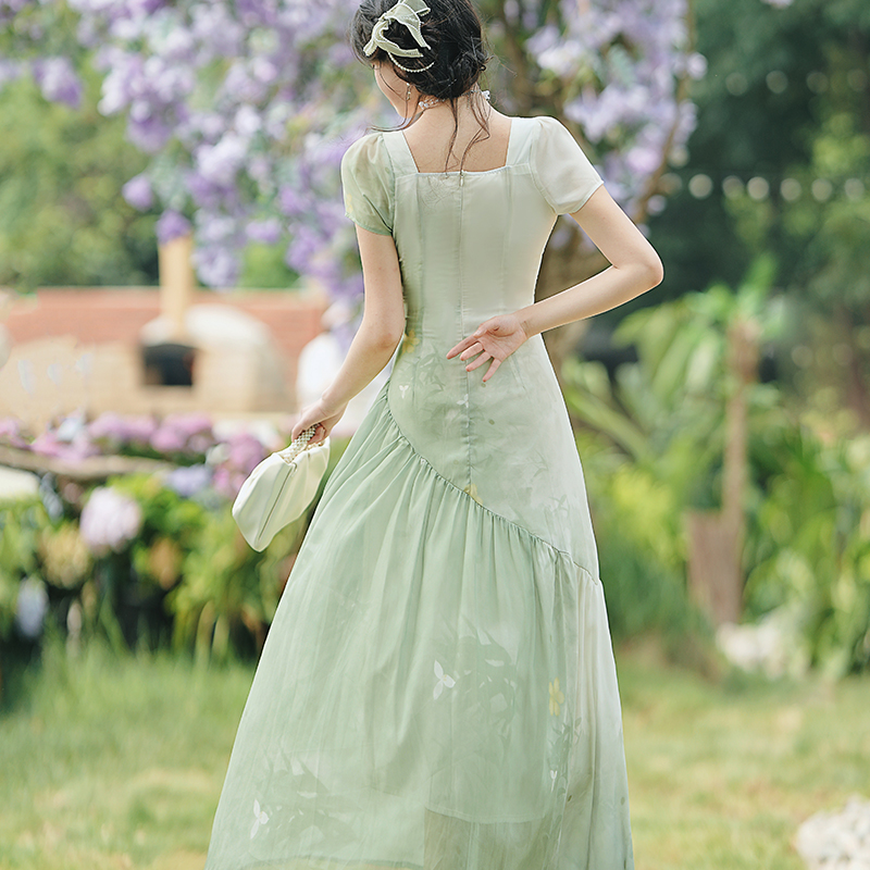 French Gradient Green Chiffon Dress - Image 4