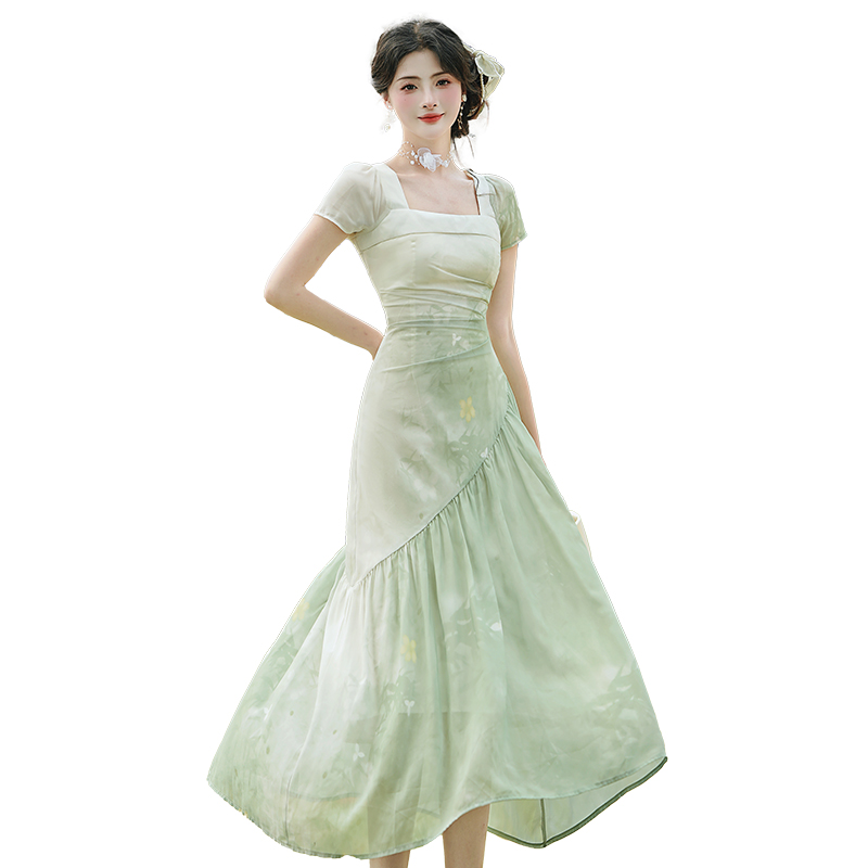 French Gradient Green Chiffon Dress - Image 5