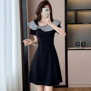 French Plaid Patchwork Dress Women Summer 2026 Slim Waist Black Short Sleeve