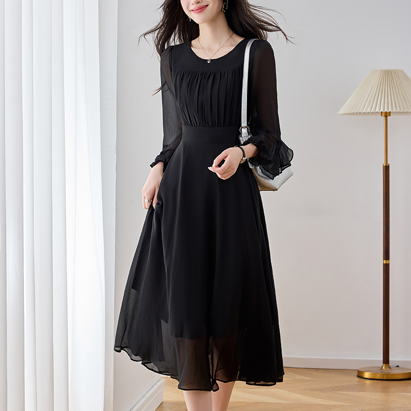 French Style Elegant Black Chiffon A-Line Dress with Nine-Tenths Sleeves Plus Size Women's