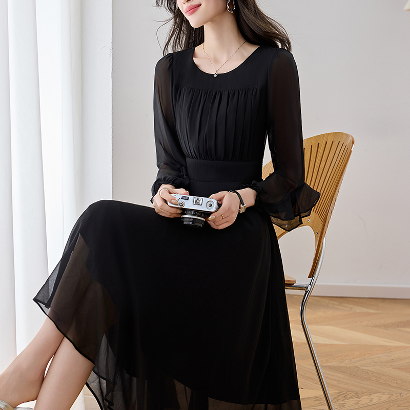 French Style Elegant Black Chiffon A-Line Dress with Nine-Tenths Sleeves Plus Size Women's - Image 2