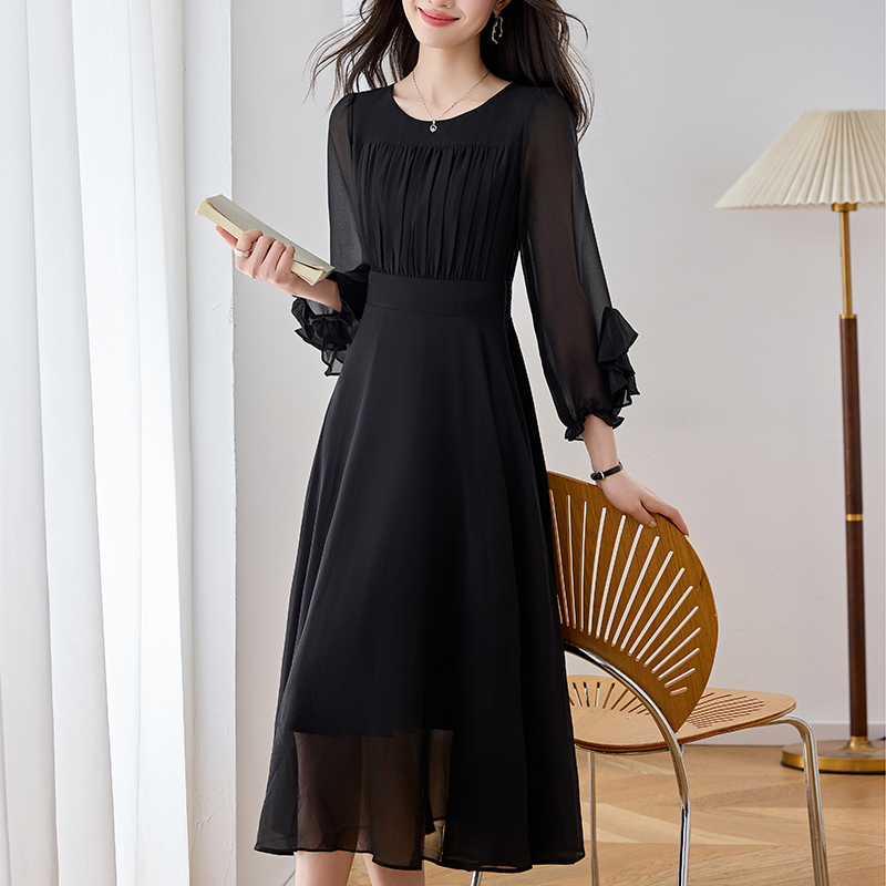 French Style Elegant Black Chiffon A-Line Dress with Nine-Tenths Sleeves Plus Size Women's - Image 3