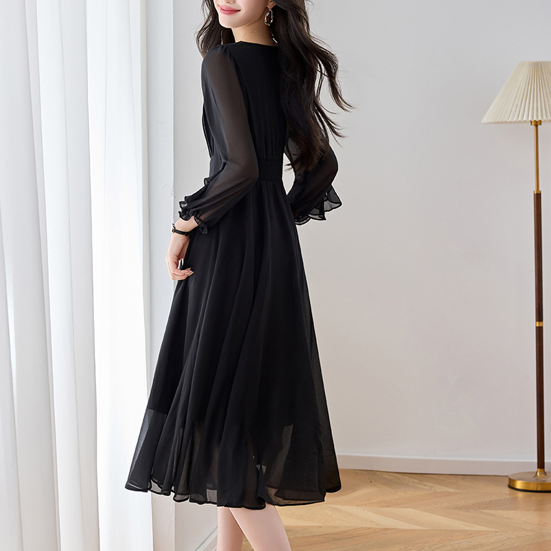French Style Elegant Black Chiffon A-Line Dress with Nine-Tenths Sleeves Plus Size Women's - Image 4