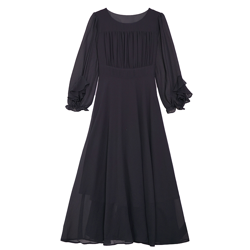 French Style Elegant Black Chiffon A-Line Dress with Nine-Tenths Sleeves Plus Size Women's - Image 5