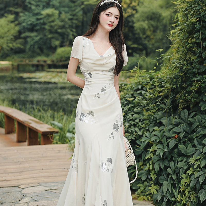 French Style Embroidered Cowl Neck Mermaid Dress - Style 7eae1a