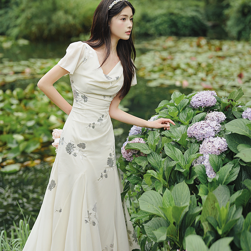 French Style Embroidered Cowl Neck Mermaid Dress - Style 7eae1a - Image 3