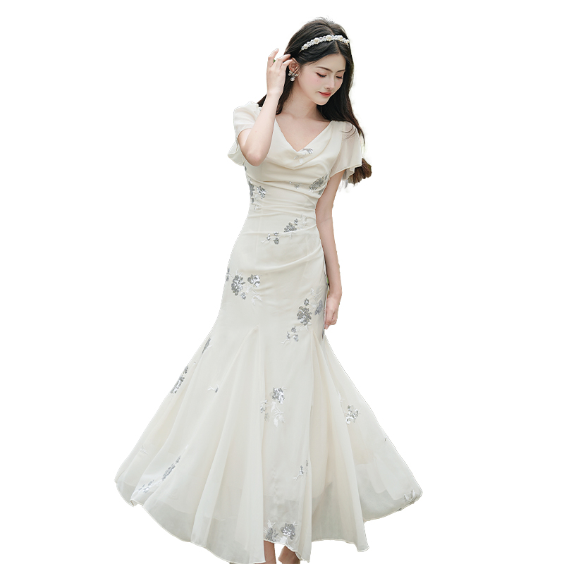French Style Embroidered Cowl Neck Mermaid Dress - Style 7eae1a - Image 5