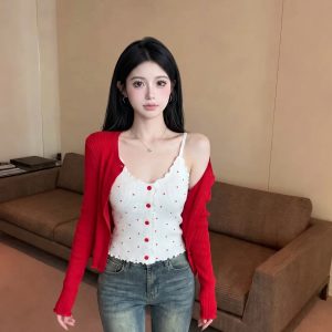 Korean Polka Dot Cami and Knit Cardigan Two-Piece Set for Women