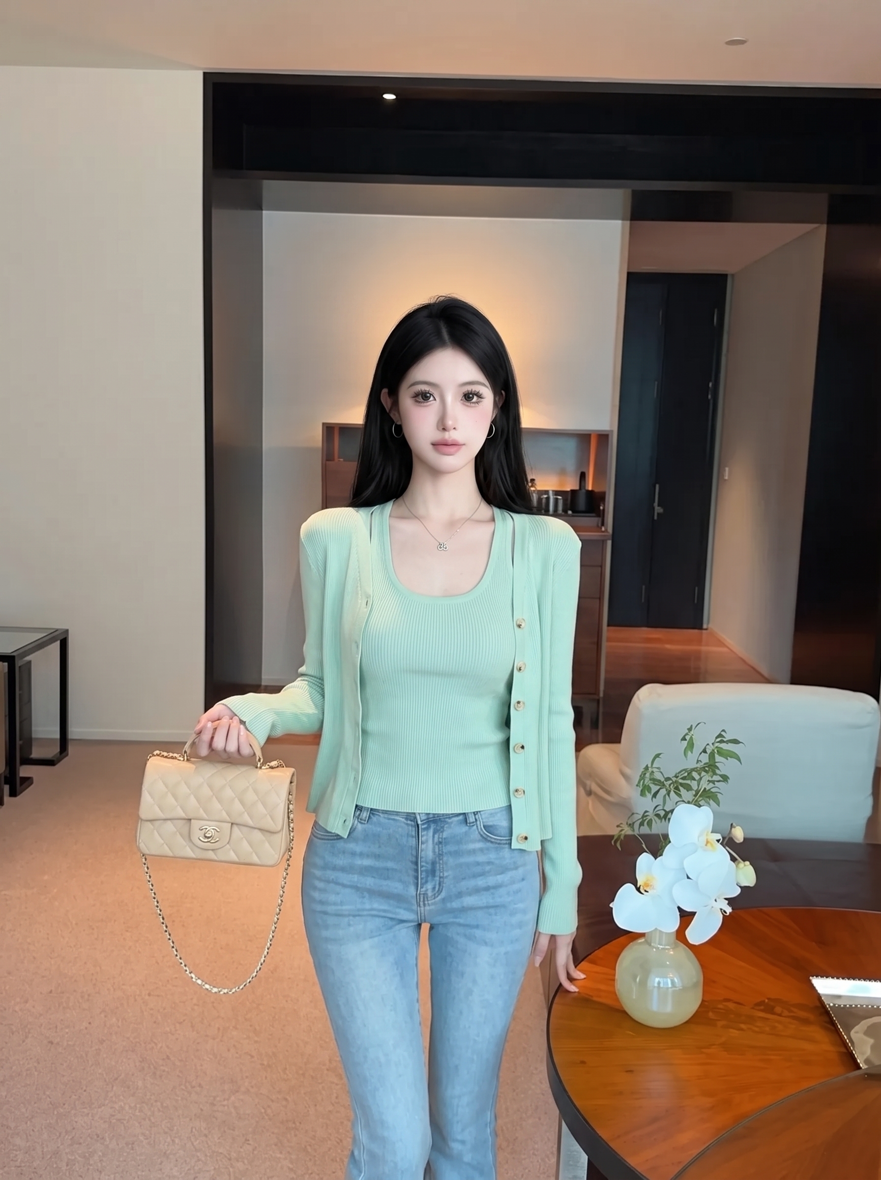 Light Green Knit Cardigan and Cami Two-Piece Set for Women Spring Autumn Slimming Fashion Outfit