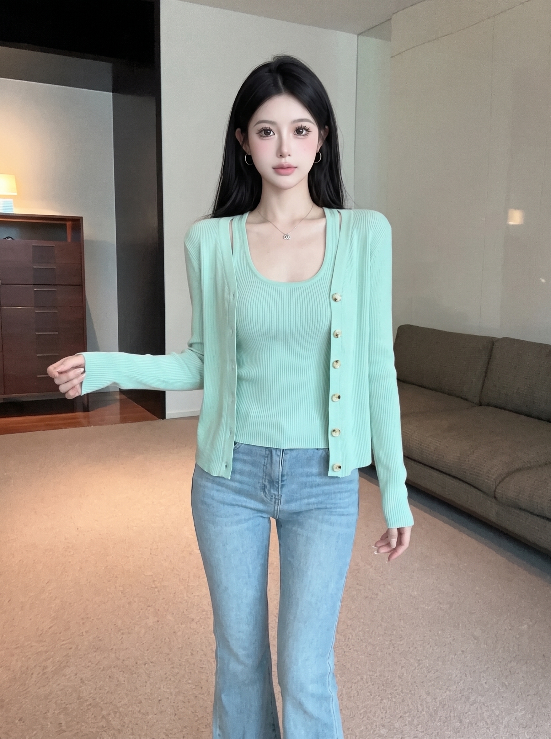 Light Green Knit Cardigan and Cami Two-Piece Set for Women Spring Autumn Slimming Fashion Outfit - Image 3
