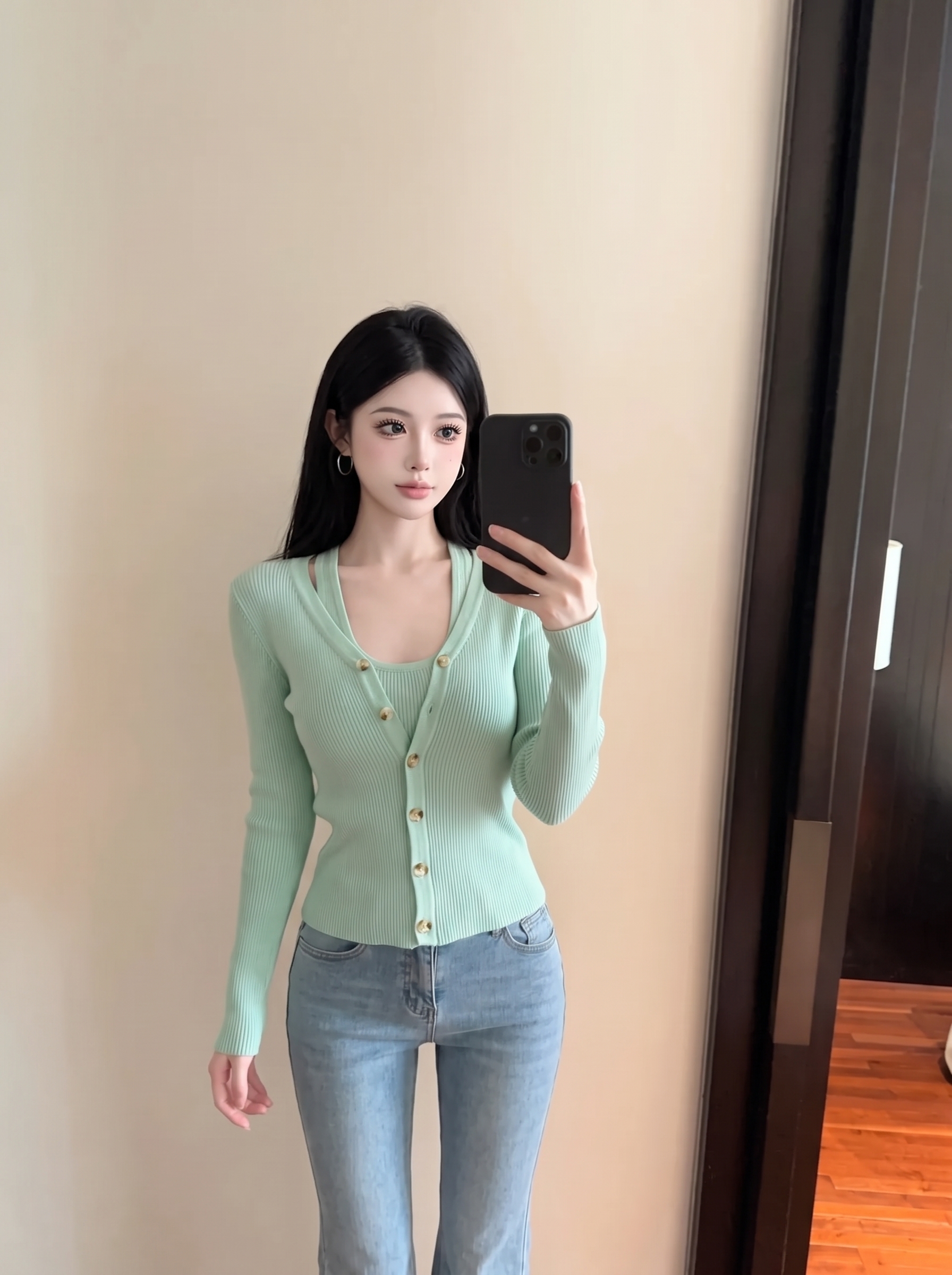 Light Green Knit Cardigan and Cami Two-Piece Set for Women Spring Autumn Slimming Fashion Outfit - Image 4