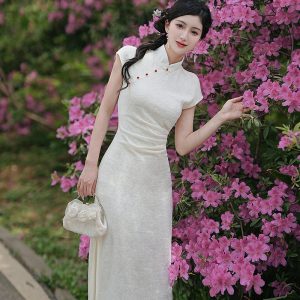 New Chinese Style Butterfly Jacquard Knit Dress with Stand Collar and Short Sleeves