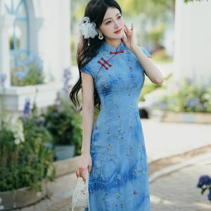 New Chinese Style Embroidered Qipao Dress for Women Summer Long Dress - Style 80a8e6