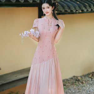 New Chinese Style Ombre Heart Embroidered Faux Two Piece Qipao Dress
