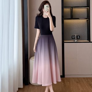 Plus Size Black Gradient A-Line Short Sleeve Dress Summer Women's