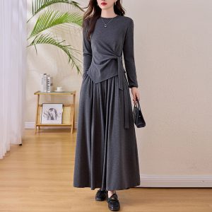 Plus Size Two-Piece Set with Lace-Up Waist Long-Sleeve Top and Wide-Leg Pants for Fall