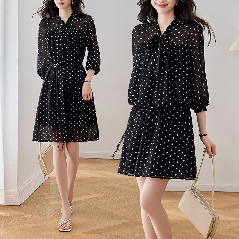 Polka Dot Chiffon Long Sleeve Plus Size Dress with Belt
