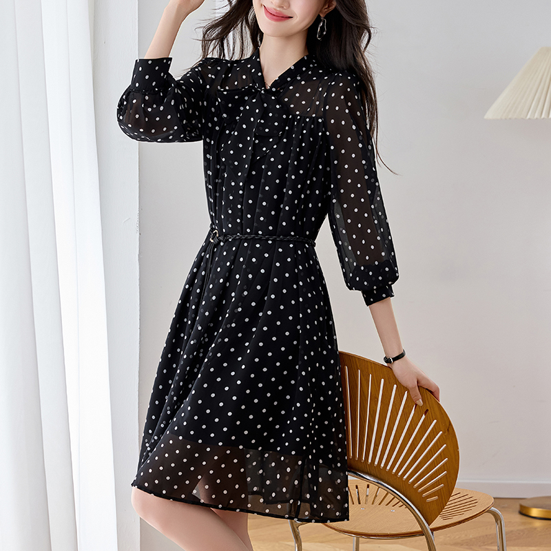 Polka Dot Chiffon Long Sleeve Plus Size Dress with Belt - Image 2