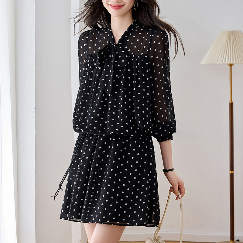 Polka Dot Chiffon Long Sleeve Plus Size Dress with Belt - Image 3