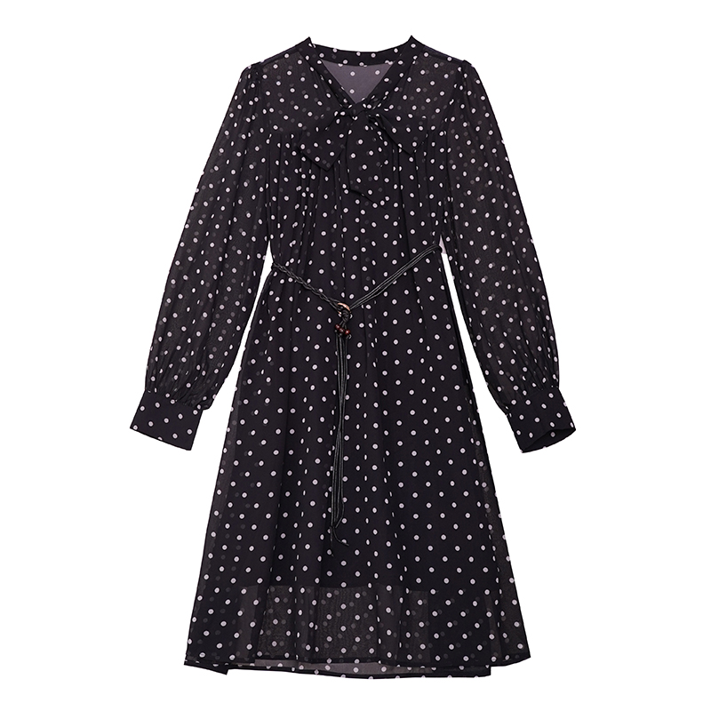 Polka Dot Chiffon Long Sleeve Plus Size Dress with Belt - Image 5