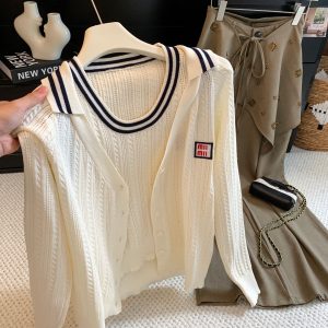 Preppy Letter Colorblock Collar Knit Cardigan Women's Autumn Cable Knit Sweater Vest Outerwear Top