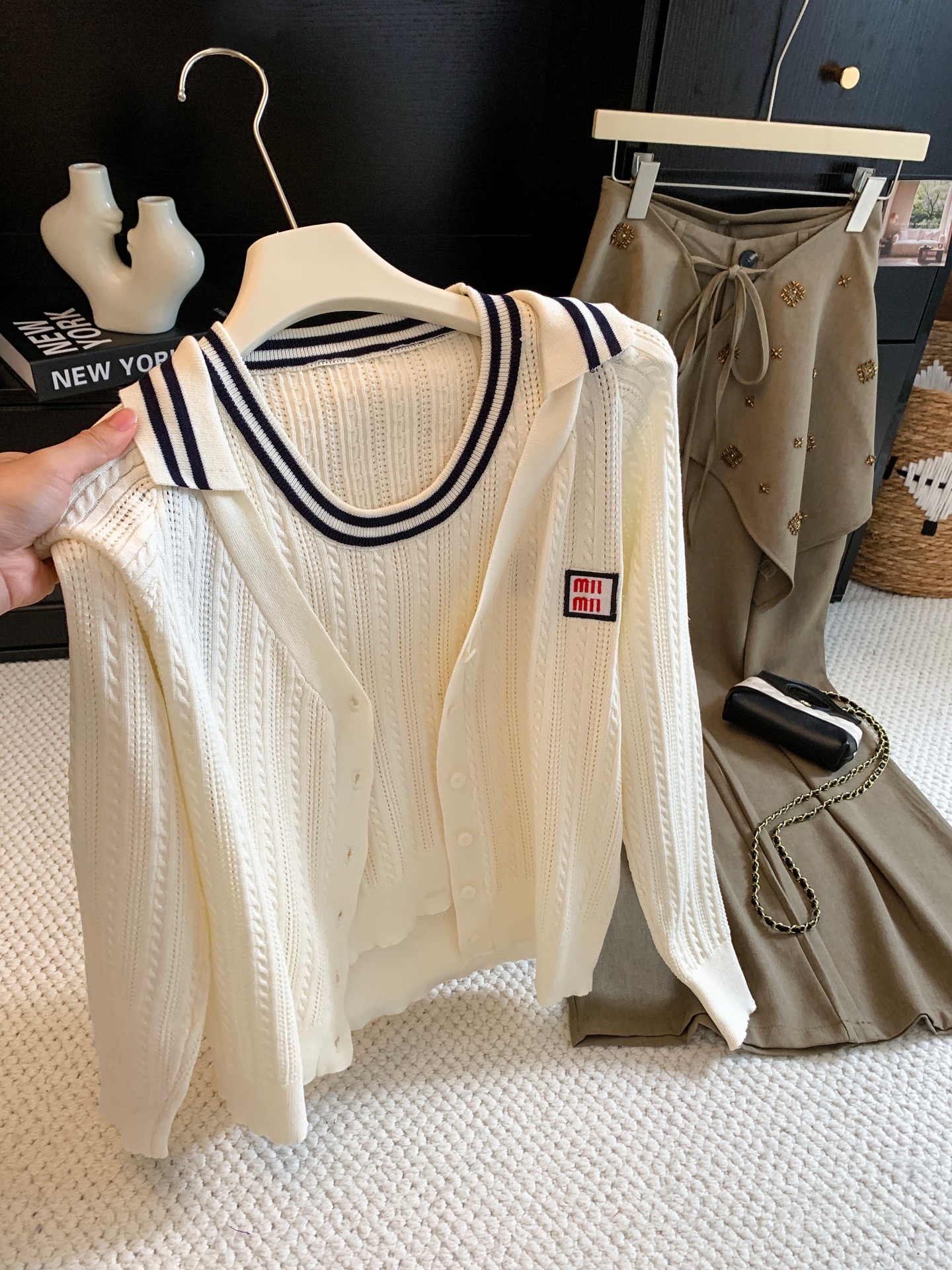 Preppy Letter Colorblock Collar Knit Cardigan Women's Autumn Cable Knit Sweater Vest Outerwear Top
