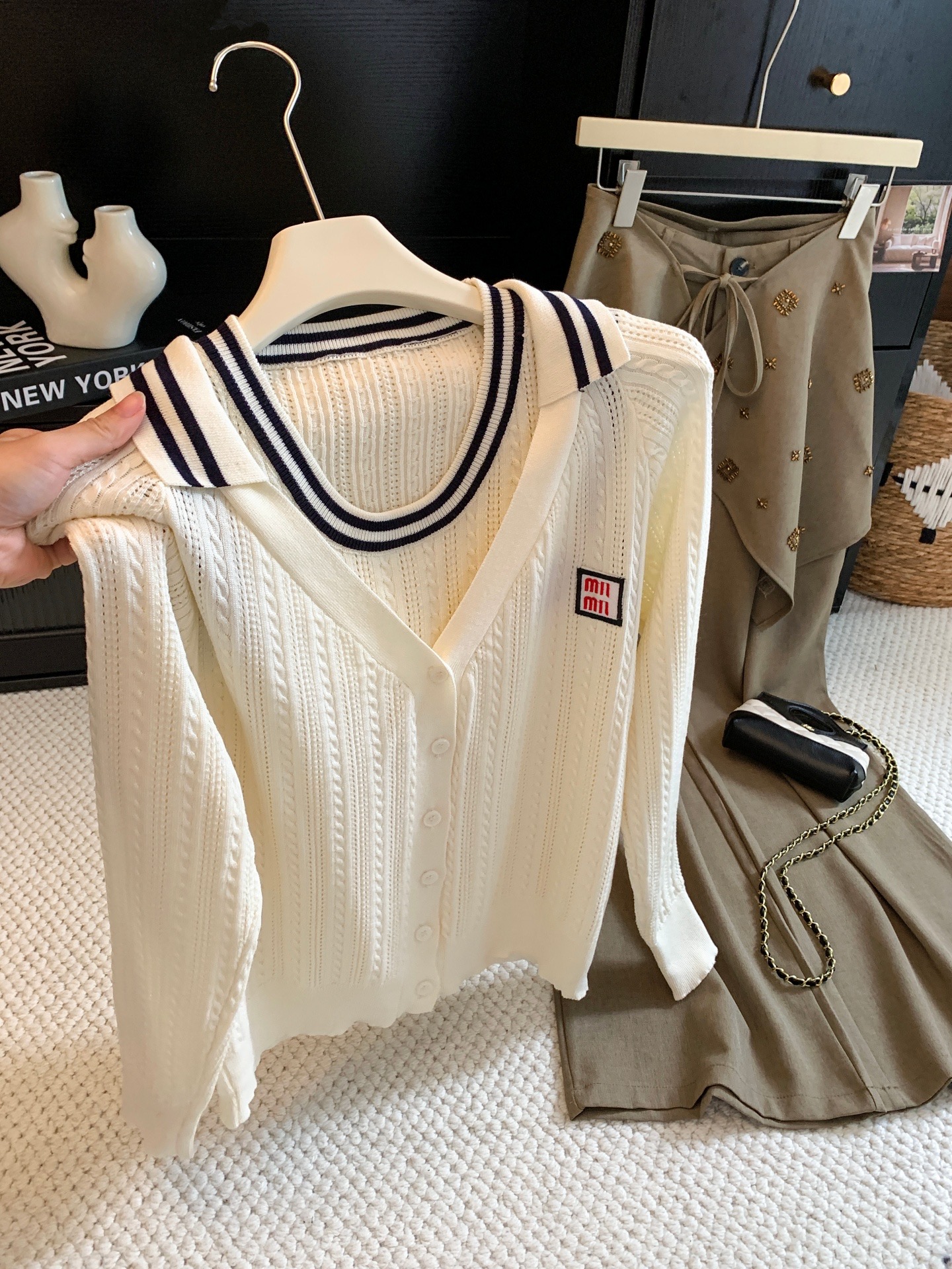 Preppy Letter Colorblock Collar Knit Cardigan Women's Autumn Cable Knit Sweater Vest Outerwear Top - Image 3