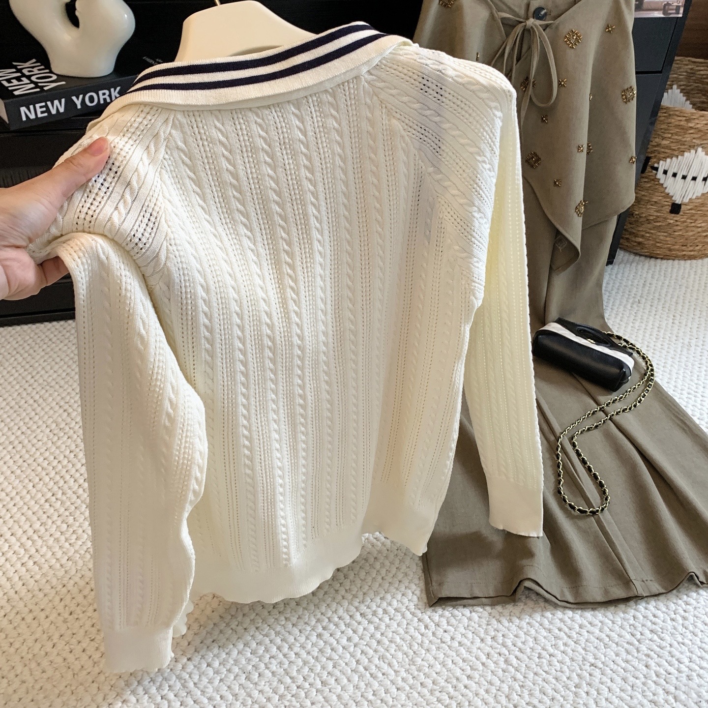 Preppy Letter Colorblock Collar Knit Cardigan Women's Autumn Cable Knit Sweater Vest Outerwear Top - Image 5
