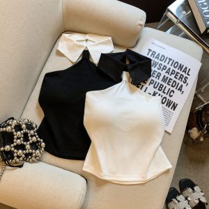 Sexy Color Block Halter Tank Top with Chest Pads Women's Summer Slim Fit Off-Shoulder Fashion Top