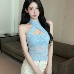 Women's Halter Cross Sheer Bustier Cami Top Summer 2026 Slim Fit Vacation Wear