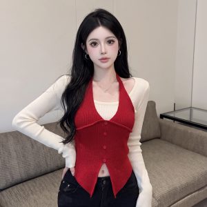 Women's Halter-Look Knit Top Faux Two-Piece Long Sleeve Slimming Pullover