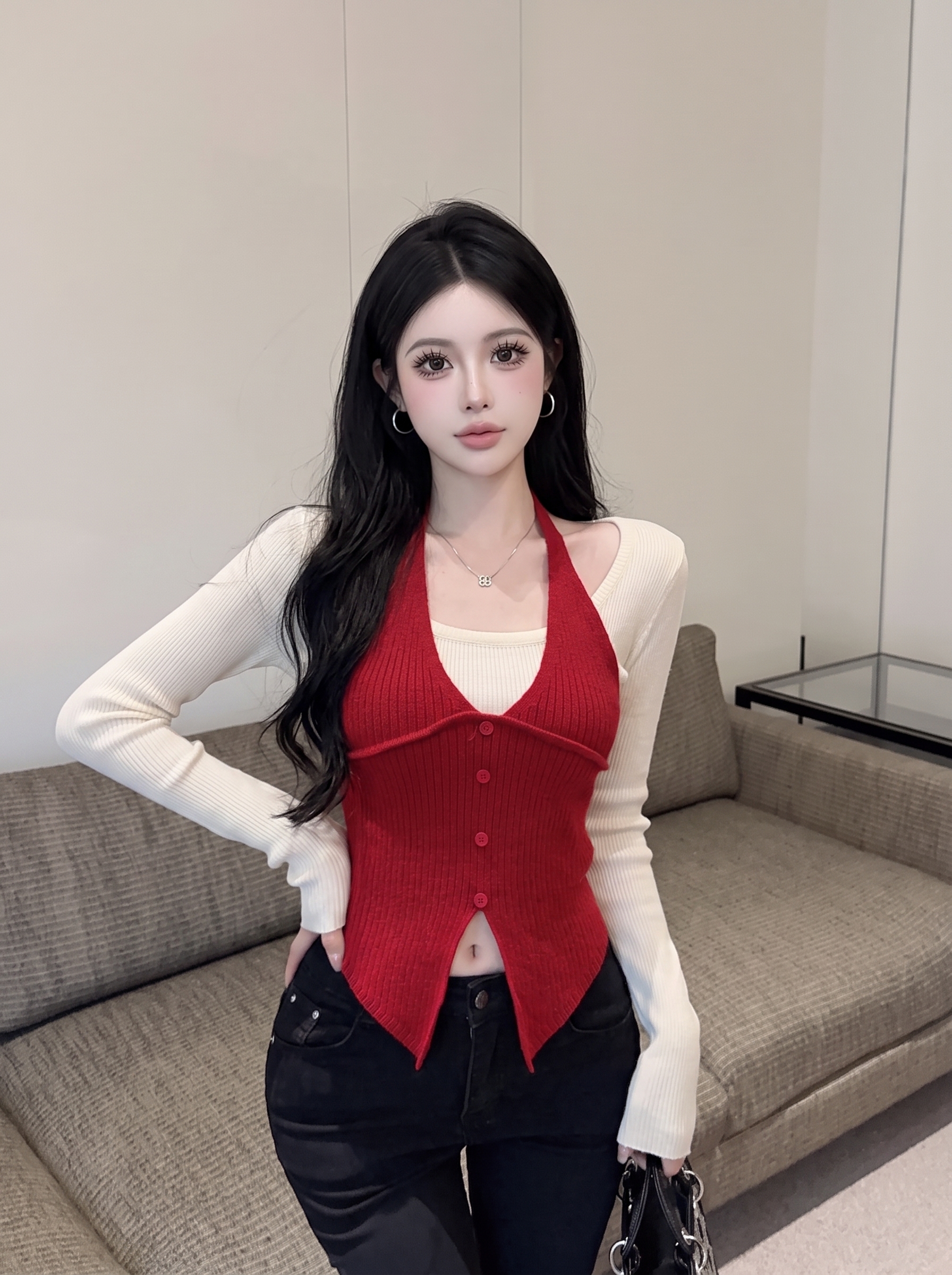 Women's Halter-Look Knit Top Faux Two-Piece Long Sleeve Slimming Pullover