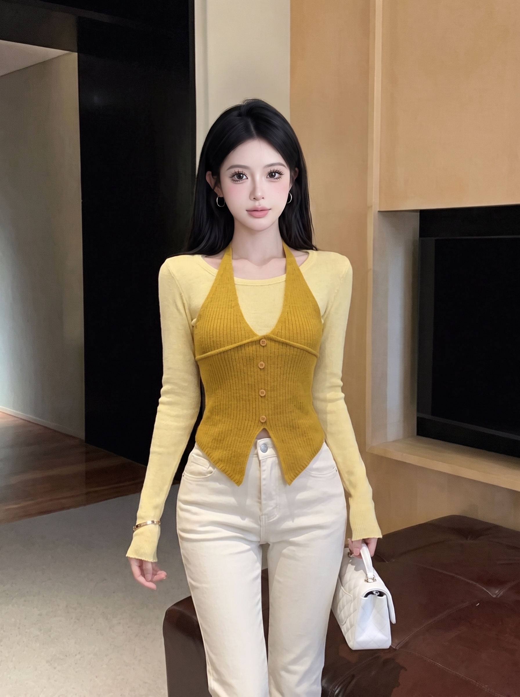 Women's Halter-Look Knit Top Faux Two-Piece Long Sleeve Slimming Pullover - Image 2