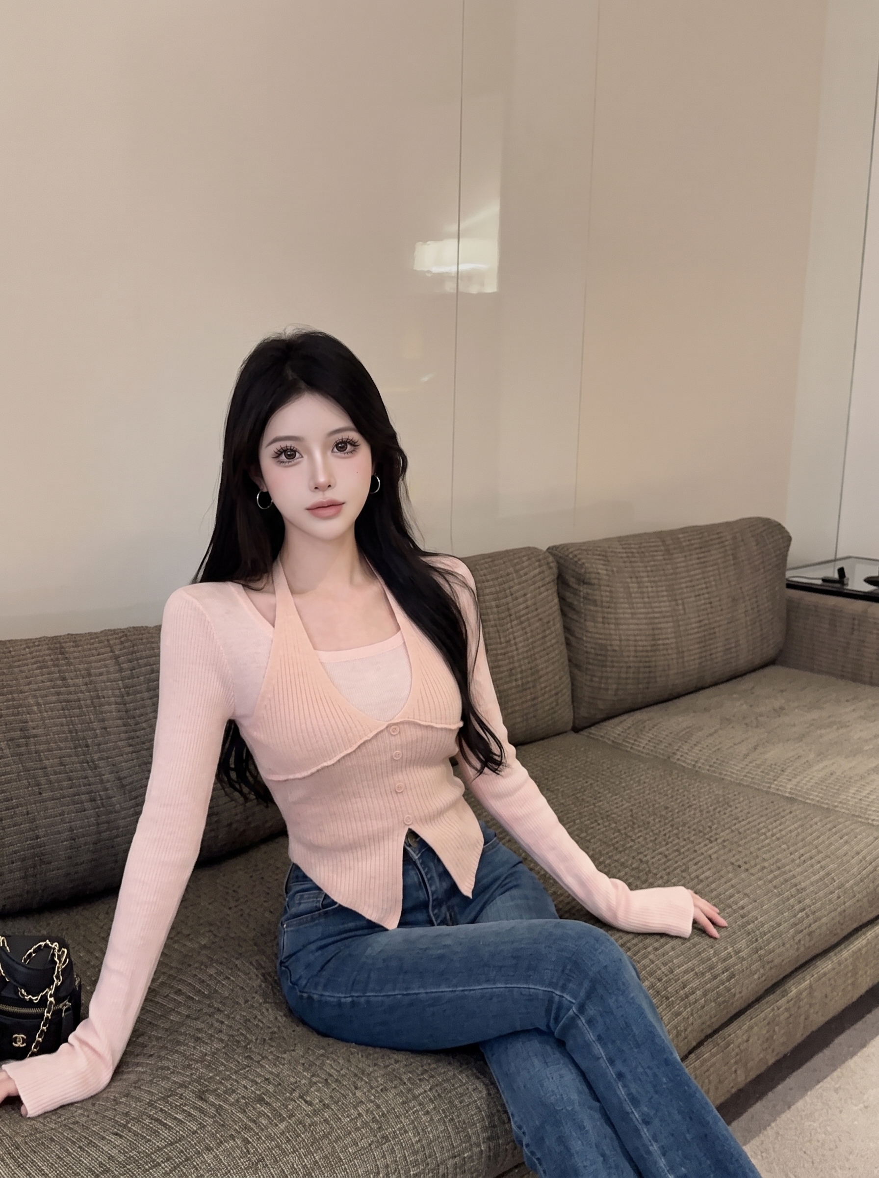 Women's Halter-Look Knit Top Faux Two-Piece Long Sleeve Slimming Pullover - Image 3