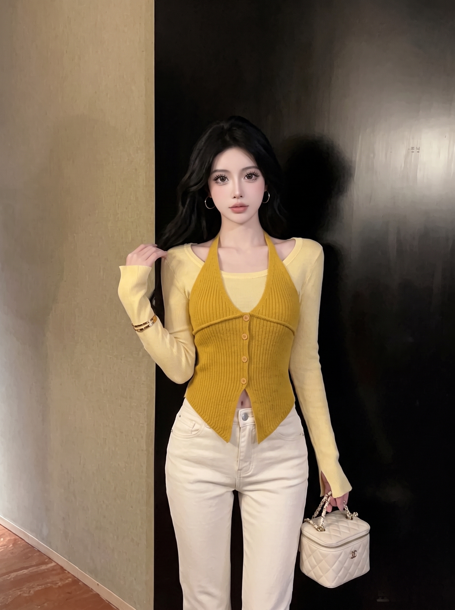 Women's Halter-Look Knit Top Faux Two-Piece Long Sleeve Slimming Pullover - Image 4