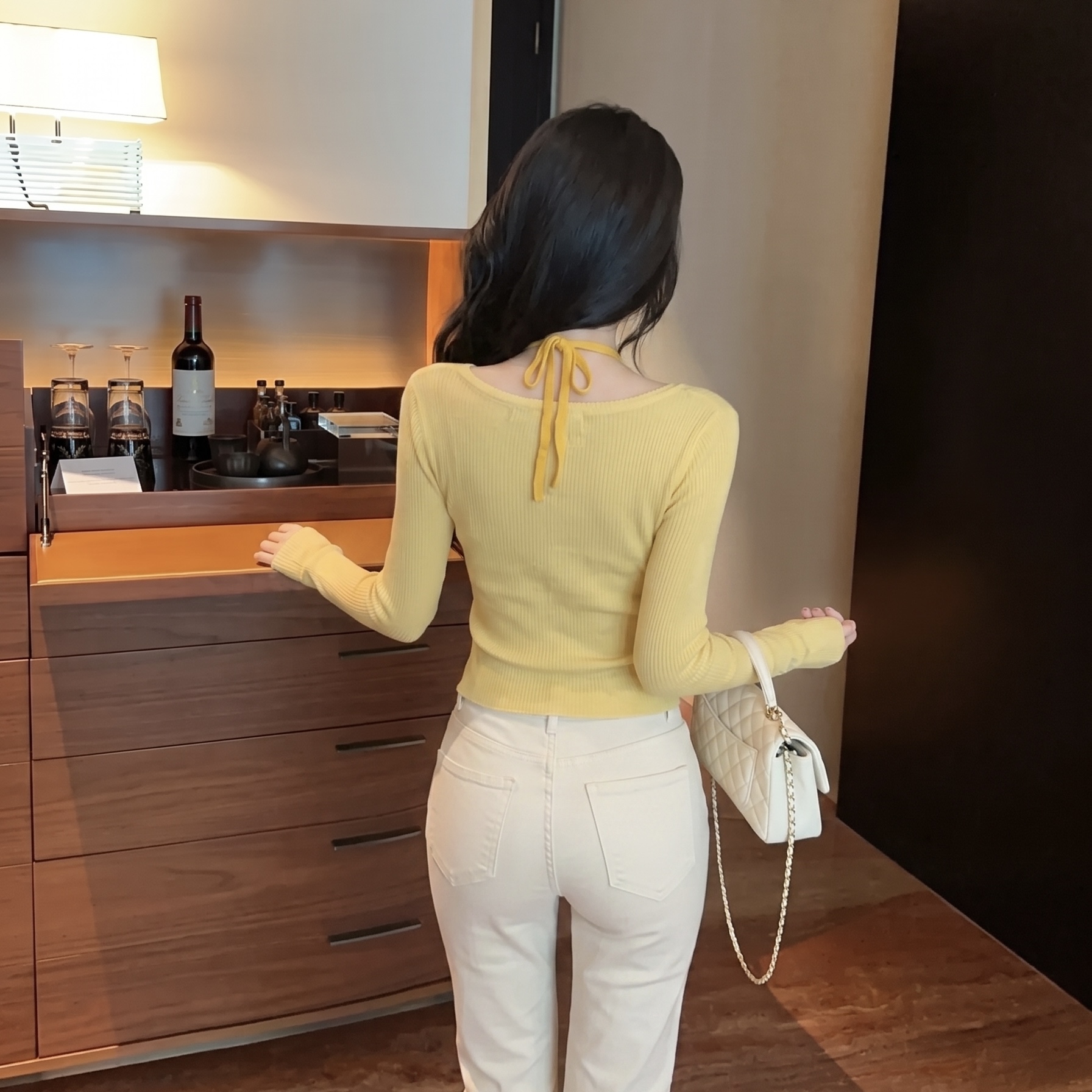 Women's Halter-Look Knit Top Faux Two-Piece Long Sleeve Slimming Pullover - Image 5